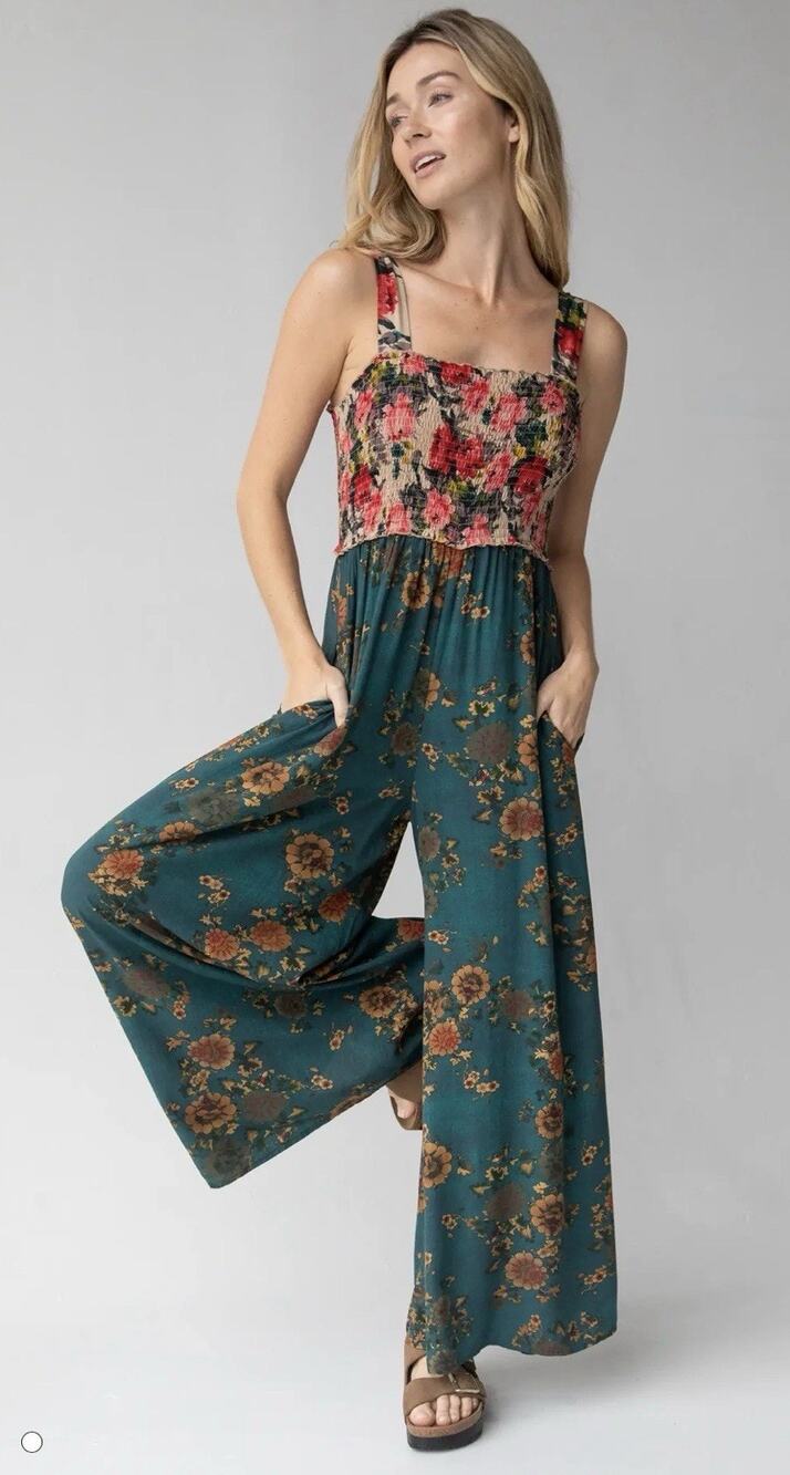 Natural Life Sedona Wide Leg Jumpsuit Size XL Floral Boho Rayon Palazzo Romper